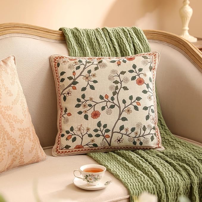 ISAENNE Designer Elegant Linen Throw Pillow Cover,Set of 2,18"x18"-Flora A | French Square Decor Pillow Cover,Concealed Zipper Design,Floral Pattern,Sofa,Bedroom,Living Room,Lounge Chairs