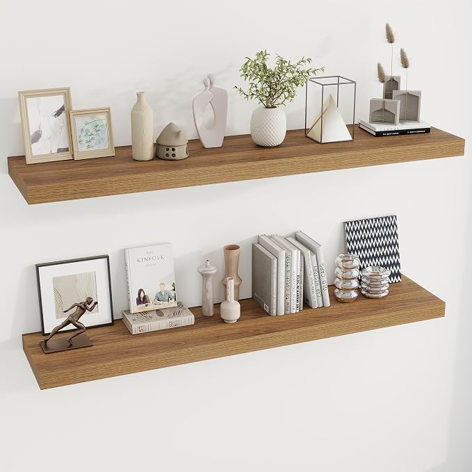 Dreamland 55Inch Walnut Floating Shelves 9.8" Deep Wall Mounted Set of 2 | Wall shelves for bathroom, bedroom, Living Room, kitchen, deep wall mount wood storage display for home decor 55" x 9.8"