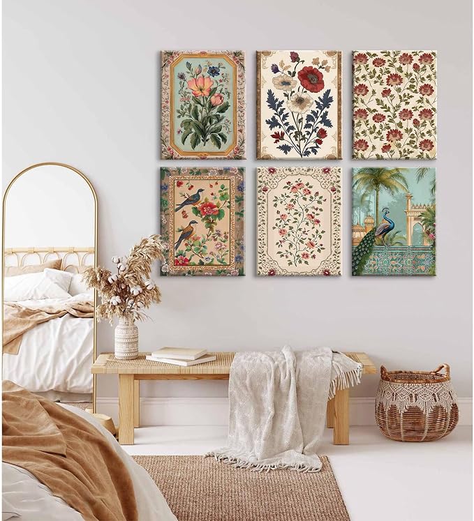 Indian Wall Art Vintage Floral Canvas Poster India Wall Decor Folk Flower Prints Scandinavian Pictures Antique Botanical Painting Gallery Artwork for Bedroom Living Room 8x10x6 Inch Ready to Hang