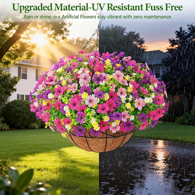 Artificial Hanging Flowers for Outdoors, Fake Hanging Plants with 12" Baskets, 12 Pcs UV Resistant Artificial Hanging Flowers for Decoration Outdoors Garden Patio Porch Yard Spring Summer Decor
