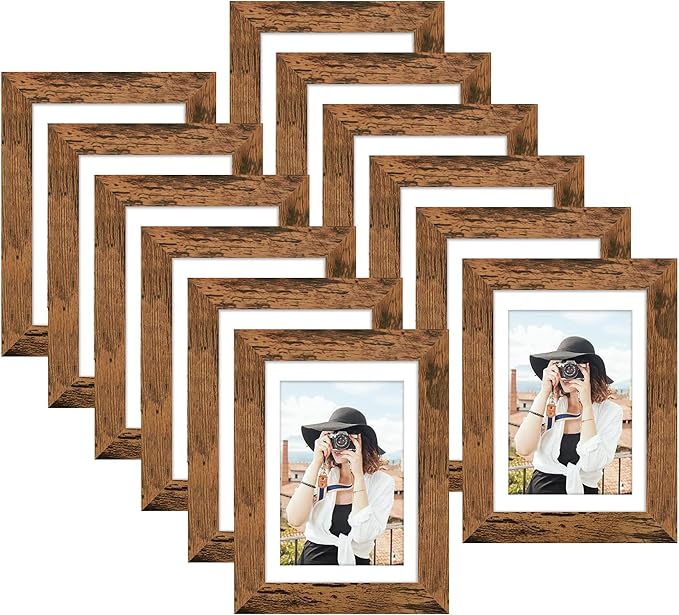 Picrit 4x6 Picture Frame Set of 12, Display 3.5x5 with Mat or 4x6 without Mat, Photo Frames for Wall Mounting or Table Top Display, Brown