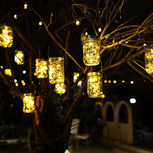 Cooo 9 Pack Solar Lanterns Outdoor Waterproof Upgraded Crystal Glass Solar Mason Jar Lights 30 LED 215% Larger SolarPanel, Anti-Rust Lid Hanging Outdoor Lanterns for Patio Garden Porch