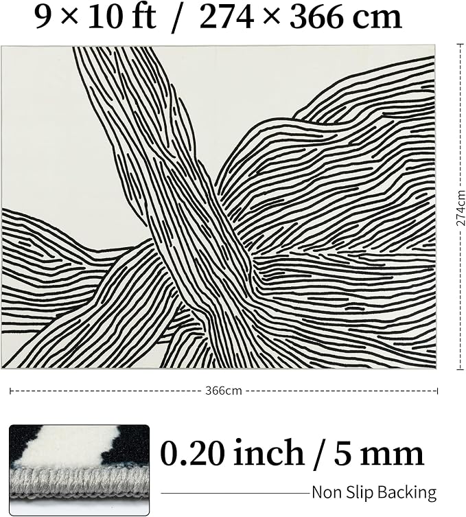 YIHOUSE 9×12 Ft Washable Rug, Black and White Abstract Area Rug for Bedroom, Living Room, Dining Room, Office, Playroom, Nursery, Ultra Thin Nonslip Modern Large Rugs Soft Contemporary Striped Rugs | Large modern abstract 9x12 rug, soft low pile with n...