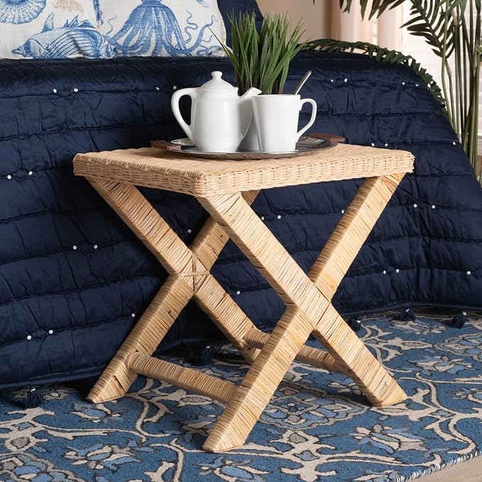Bali & pari Farica Modern Bohemian Natural Rattan and Mahogany Accent Bench