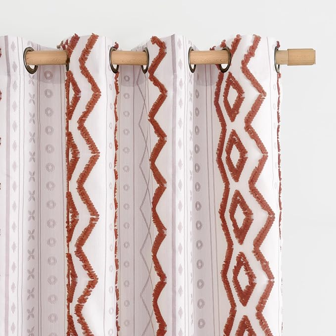 BGment Terracotta Jacquard Curtains for Living Room, Boho Tufted Pom Stripe Geometric Drapes with Grommet for Bedroom Fall Decor, 52 X 84 Inch, 2 Panels