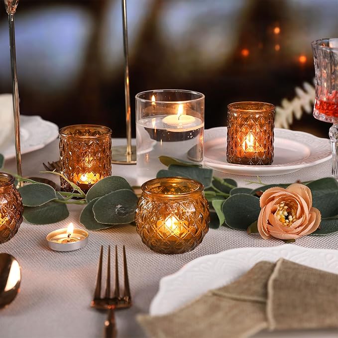 DARJEN Amber Votive Candle Holders Set of 24- Round Candle Holders Bulk, Glass Candle Holder for Vintage Decoration, Tea Lights Candle Holders for Wedding Home Party & Gift