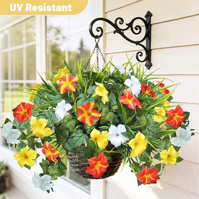 Artificial Flowers Plants for Outdoors, 6PCS UV Resistant Faux Flowers Outdoor Plants, Fake Petunias Silk Flowers for Garden Balcony Yard Porch Decor (Yellow Orange White)