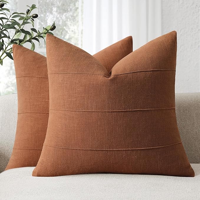 Decorative Linen Throw Fall Pillow Covers 24x24 Set of 2 Solid handcrafted Striped Cushion Covers for Bed Soft Modern Farmhouse Neutral Pillowcase for Couch Bedroom Living Room Home Fall Decor(Rust)