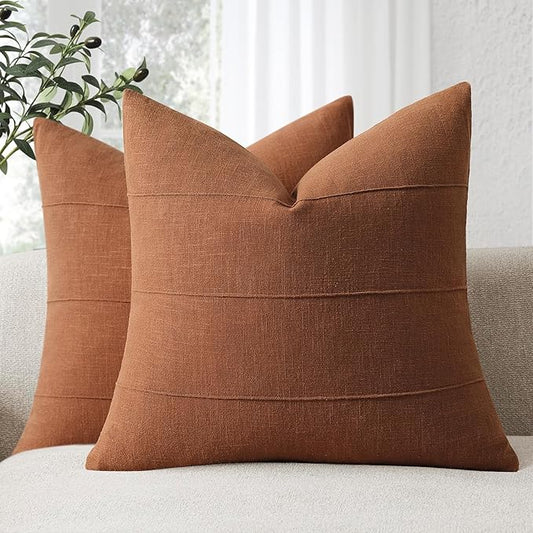 ZWJD Decorative Linen Throw Pillow Covers 26x26 Set of 2 Solid Handcrafted Striped Cushion Covers for Bed Soft Modern Farmhouse Neutral Pillowcase for Couch Bedroom Living Room Home Decor(Rust)