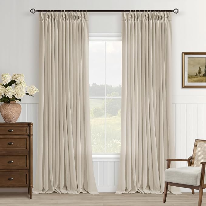 Oatmeal Linen Curtains 100 Inches Long Pinch Pleated for Living Room Bedroom Pinch Pleat Drapes Rings Hooks Back Tab Light Filtering Neutral Farmhouse Semi Sheer 100 Inch Curtain for Dining Room