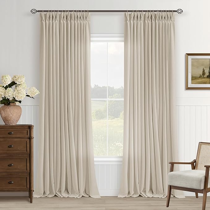Beige Linen Pleated Curtains 96 Inches Long for Living Room 2 Panels Set Semi Sheer Light Filtering Pinch Pleat Rings Hooks Back Tab Drapes Neutral Boho 96 Inch Curtain for Bedroom Window Tan Oatmeal