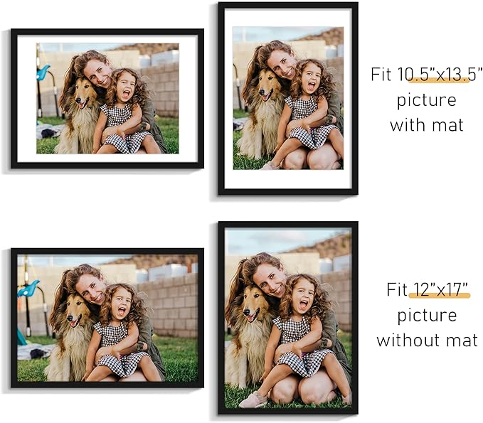 Picrit 12x17 Picture Frame Set of 12, Display 11 x 14 with Mat or 12 x 17 without Mat, Photo Frames for Wall Mounting Display, Black