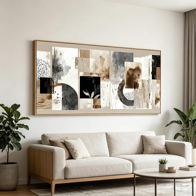 Sorbrozo Framed Abstract Collage Wall Art Modern Botanical Leaf Polka Dot Canvas Print Neutral Earth Tone Mixed Media Style Picture for Living Room Office Bedroom Decor 20x40 inch