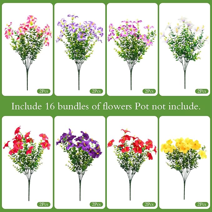 Artificial Flowers for Outdoors Fake Plants Outside, 16 Bundles Silk Morning Glory with Eucalyptus, UV Resistant Realistic Faux Flowers for Planters Porch Patio Garden Balcony Decor (8 Color)