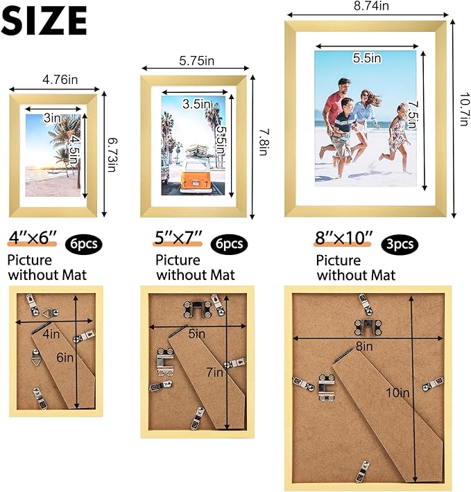 Fixwal Picture Frames Set, Gallery Wall Frame Set Picture Frames Collage 15 Pack for Wall or Tabletop with 8x10 5x7 4x6 Frames, Gold