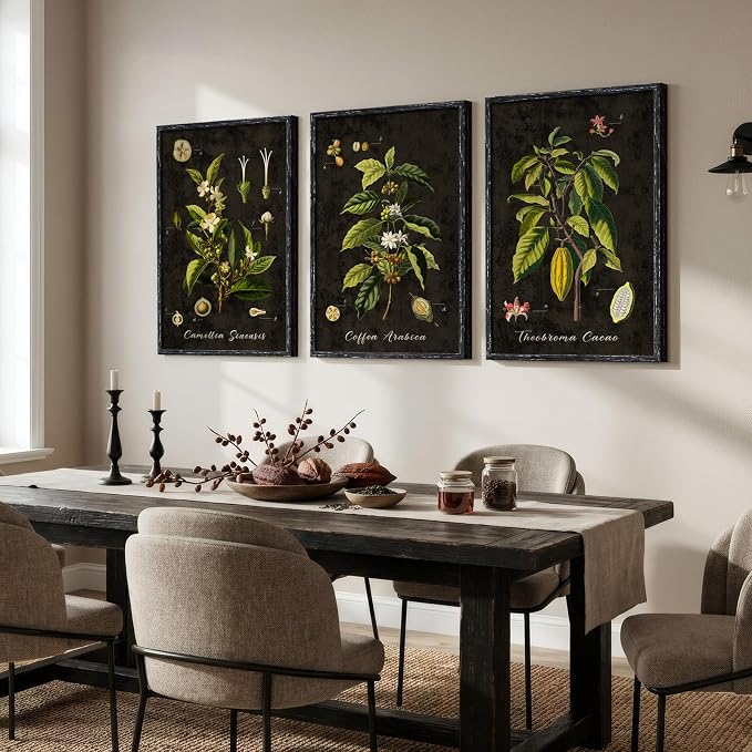 Large Vintage Framed Botanical Wall Art for Living Room, 3 Piece Dark Green Plant Canvas Paintings Prints, Retro Coffee Botanical Leaf Pictures for Dining Room Coffee Bar Kitchen Wall Decor, 24x36 In