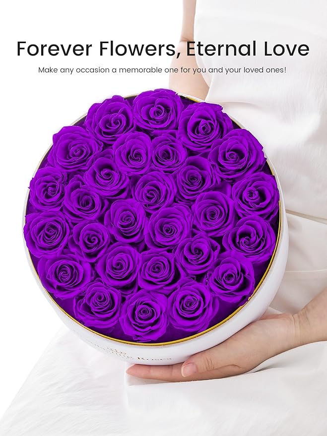 27 Preserved Roses Forever Flowers Real Roses in a Box Mother's Day Birthday Flowers for Her Mom Women Wife Valentine's Day, Purple Roses