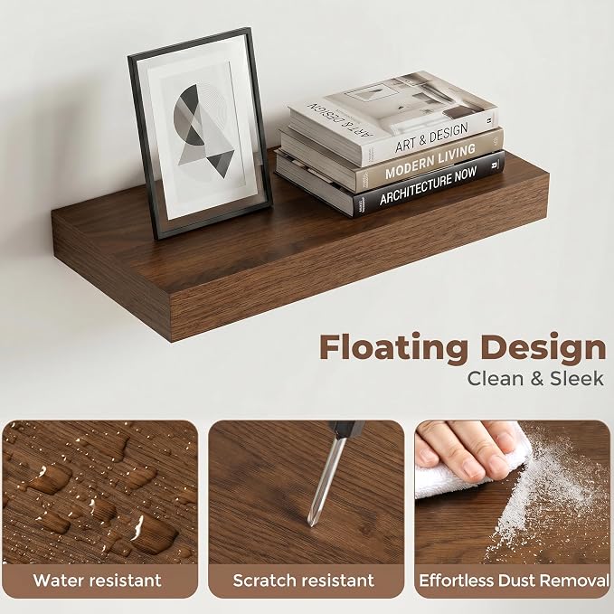 16 Inch Floating Shelves for Wall, 8"D Wood Storage Shelves, Walnut Finish | Engineered Wood, Invisible Bracket, Large Storage, Easy Install, Hold Up to 33lbs, Living Room, Bathroom, Bedroom, Kitchen
