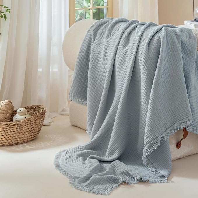 Muslin Fringe Blankets for Adults: 100% Cotton Cloud Soft | 4-Layer Gauze Breathable Lightweight All Season Throw Blanket for Bed Couch Sofa Office