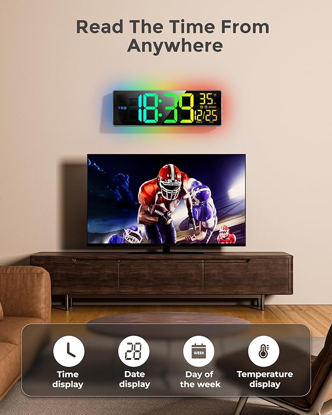 EASYERA 16.5" Large Digital Wall Clock with BT Sync, RGB Lights with 11 Scenes Mode Remote Control, Big LED Clock with Dual Alarms, Auto DST, Temperature for Classroom Gaming