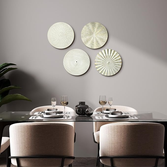 Hicarer 4 Pcs 12 Inch Metal Wall Art Decor Sunburst Hanging Metal Artwork Decor Wall Art Decorations for Home Living Room Office Gift for Christmas(White Gold)