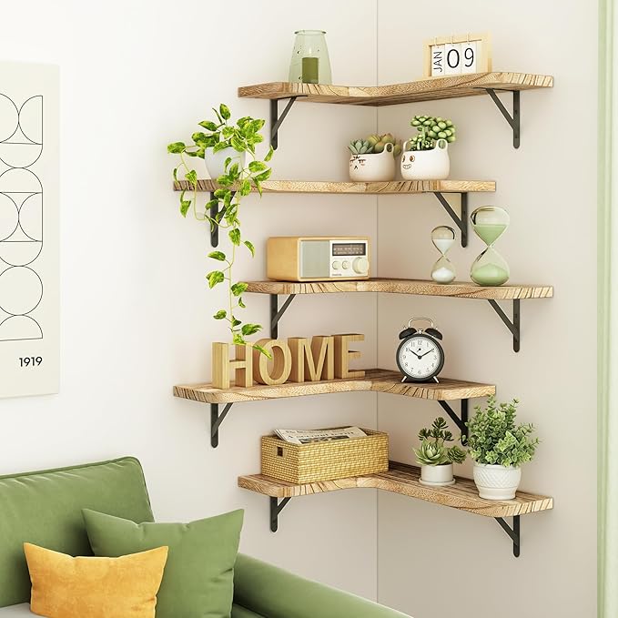 Fixwal Floating Shelves for Wall, Rustic Wood Wall Mounted Corner Shelf for Bathroom, Kitchen, Bedroom, Home Decor, Laundry Room, Living Room, Set of 5 (Carbonized Black)