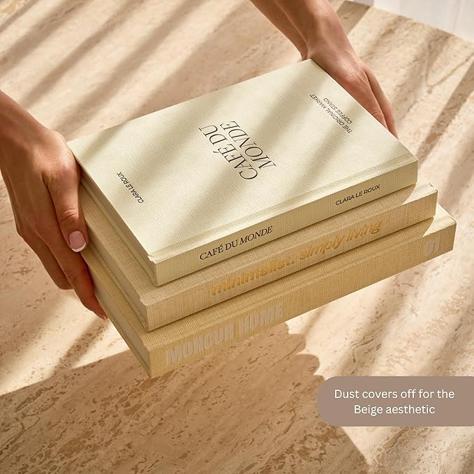 Moncur Home Faux Books for Decoration Coffee Table Books set of 3 Decorative Books Neutral Room Decor Aesthetic Shelf Decor Beige White Earth Tones Real Blank Pages Removable Covers Home Décor Accents
