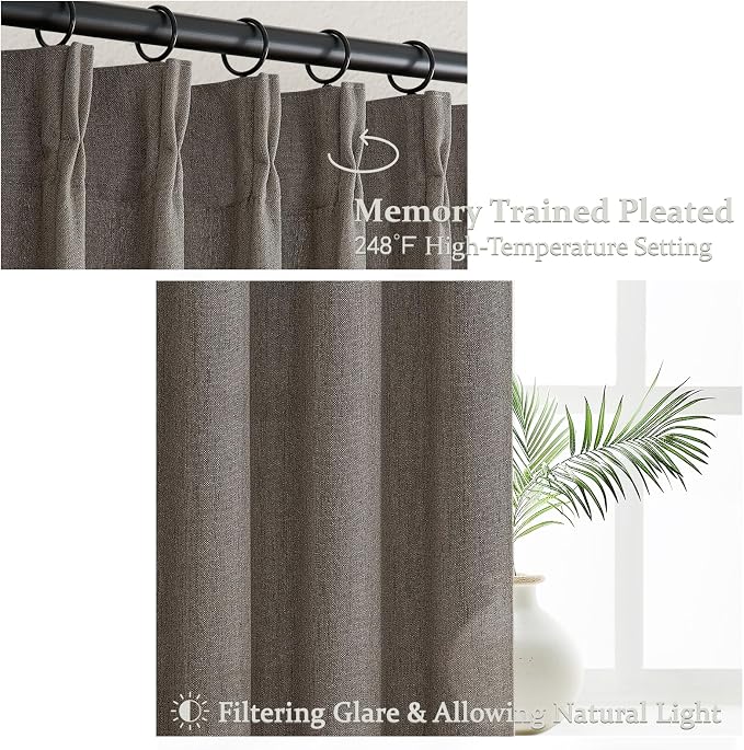 Extra Long 120 Inch Pleated Curtains for Room Divider 2 Panels Set, Chocolate Tart Memory Shape Natural Flax Linen Textured Curtain 10FT Length Light Filtering Semi Sheer Large Window Drapes Bedroom