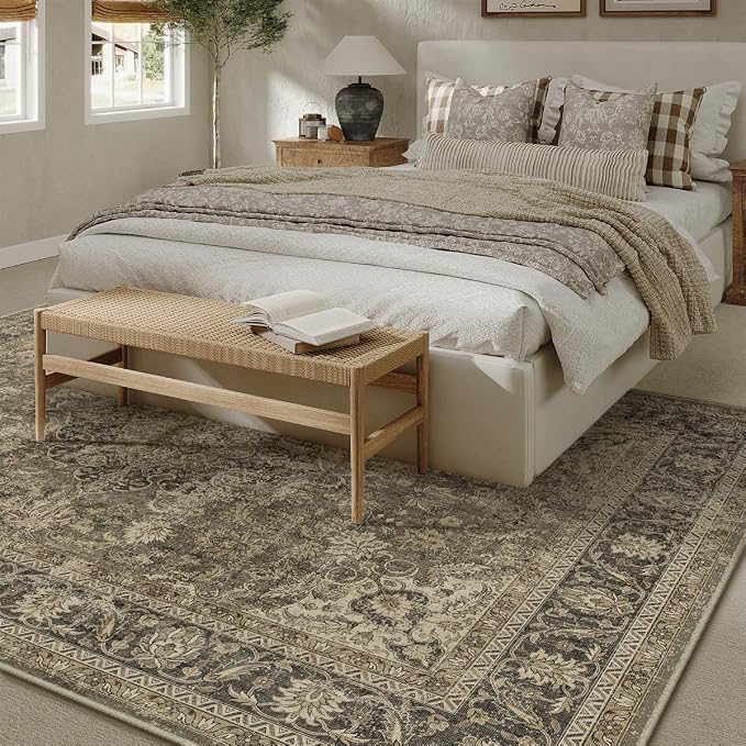 9x12 Washable Area Rug Brown Vintage Non Slip Soft Medium Pile Rug for Living Room Bedroom Dining Room Office Distressed Oriental Indoor Large Throw Carpet for Home Decor