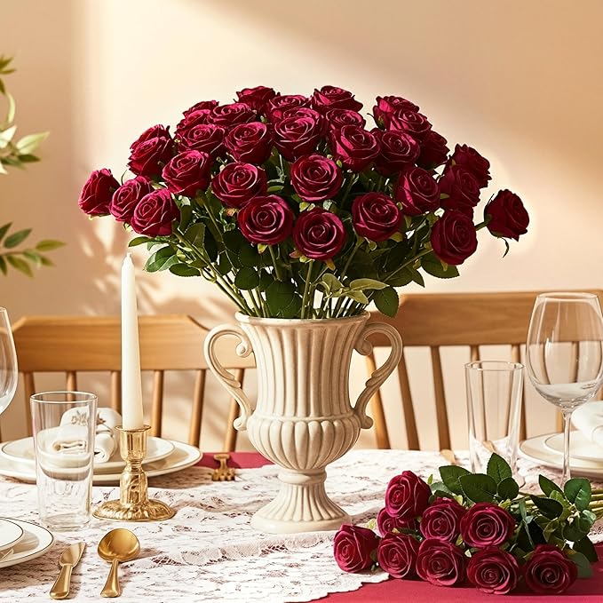 Auihiay 60PCS Burgundy Artificial Roses Bulk, Velvet Silk Fake Roses, Lifelike Burgundy Faux Rose for Valentine's Day, Wedding Centerpieces, Cake, Bridal Bouquets, Anniversary, Home Decorations