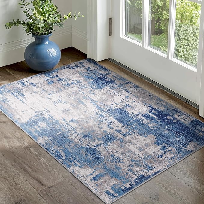 RELEANY Washable Area Rugs 3'x5' Non-Slip Modern Abstract Soft for Living Room Entryway Bedroom Nursery, Print Pattern, Blue Grey Navy Gray