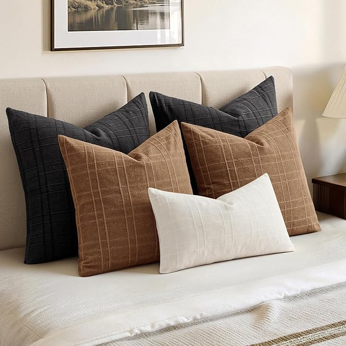 MIULEE Decorative Linen Check Throw Pillow Covers Neutral Farmhouse Vintage Pillow Covers 20x20 Set of 2 Boho Modern Winter Home Decor for Sofa Couch Bedroom Cushion Camel Brown