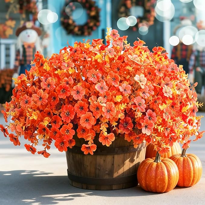 Artificial Fake Mums Flowers for Fall Outdoors Decor, 16 Bundles of Lifelike UV Resistant Orange Silk Daisies – Ideal for Porch, Garden, Yard, Planter, Halloween & Thanksgiving Autumn Decoration