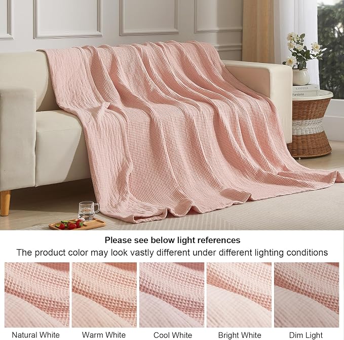 PHF 100% Cotton Waffle & Muslin Throw Blanket Large, Soft Breathable Luxury 400GSM Versatile Reversible Bedding for Couch, Great for Layering in Cold Weather, Home Decor Gift, 50" x 70", Rose Smoke