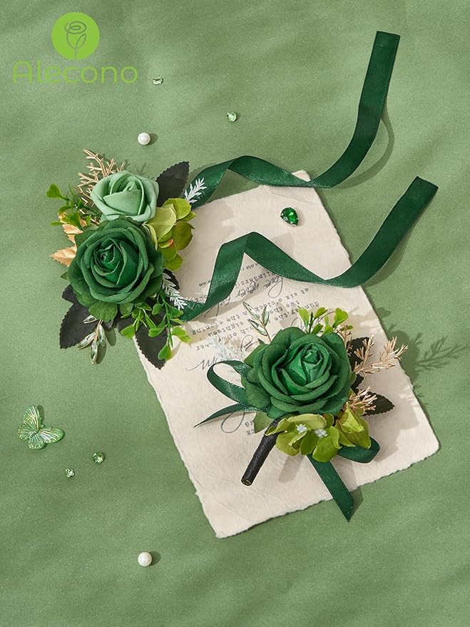 Alecono Green Corsage and Boutonniere Set, Corsages for Bride Bridesmaid Groom Bridegroom, Artificial Flowers for Prom Graduation Ceremony Anniversary