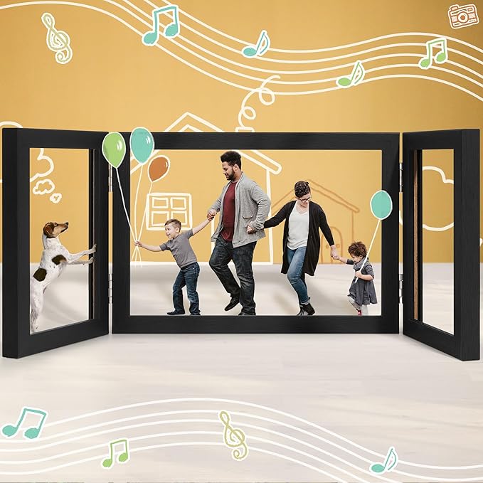 Afuly 5x7 Picture Frame Black 4x6 3 Picture Frames Collage Hinged Folding Triple Photo Frames Home Decor for Wall Desktop Christmas Wedding Birthday Gifts for Women Mom Grandma Family, 2*4x6+1*5x7