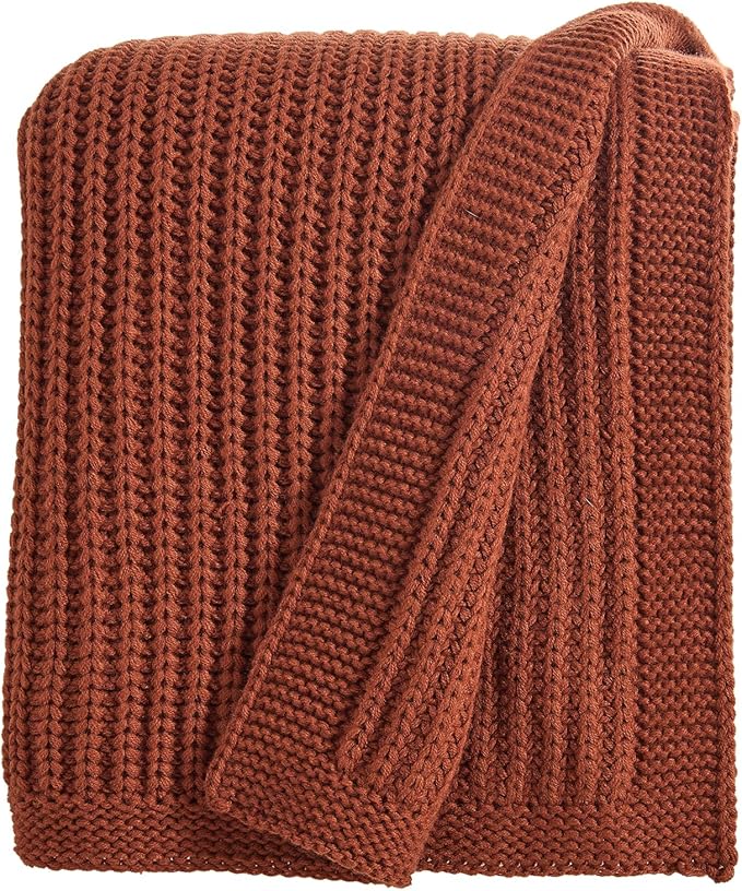 Chunky Knit Rust Orange Throw Blanket 60"x80" Soft Cozy Lightweight Knitted Blanket for Couch Sofa Bed, Cute Decorative Spring Throw for Living Room