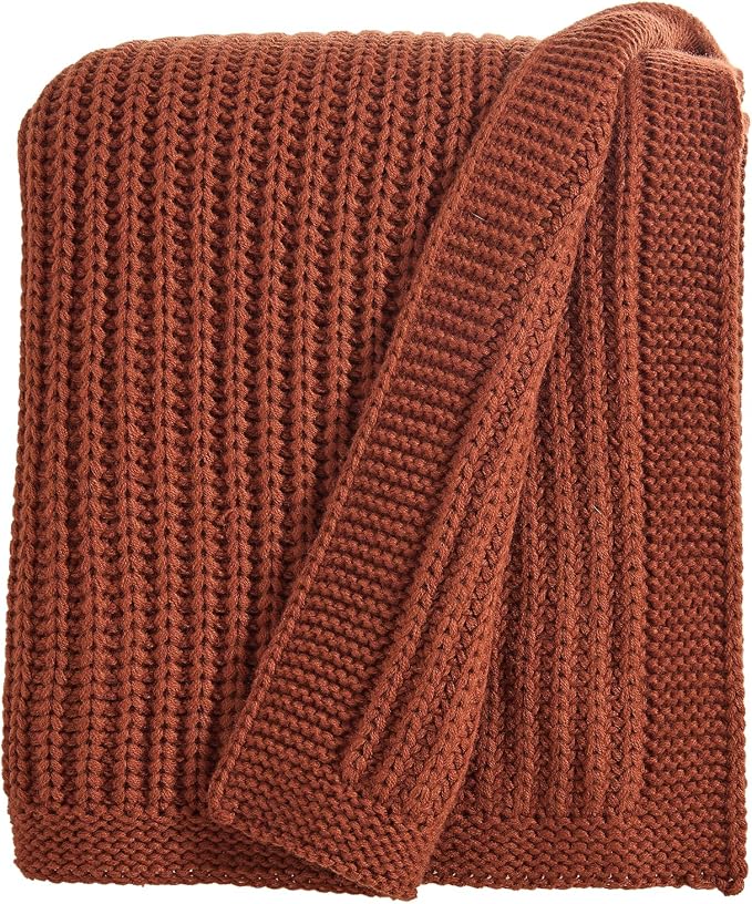 Chunky Knit Rust Orange Throw Blanket 50"x60" Soft Cozy Lightweight Knitted Blanket for Couch Sofa Bed,Cute Decorative Spring Throw for Living Room