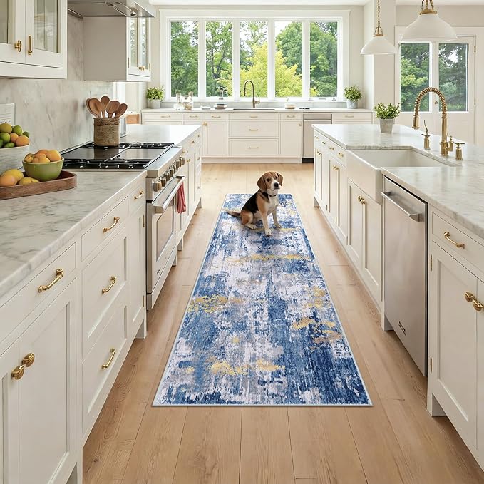RELEANY Washable Area Rugs 2x7 Non-Slip Modern Abstract Soft for Living Room Entryway Bedroom Nursery, Print Pattern, Grey Blue Gold/Golden