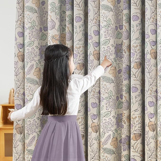 Vangao Purple Nursery Curtains for Girls Room Floral Blackout Curtains 63 Inch Length Farmhouse Drapes for Bedroom Room Darkening Flower Patterned Window Treatment for Kids Set of 2