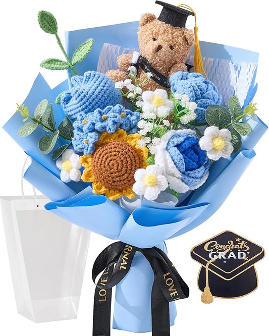 Alecono Crochet Flower Bouquet, Blue Handmade Graduation Bouquet for Class of 2026, Knitted Flowers for Friends Graduation Teacher's Day Anniversary Birthday Gifts (with Card)