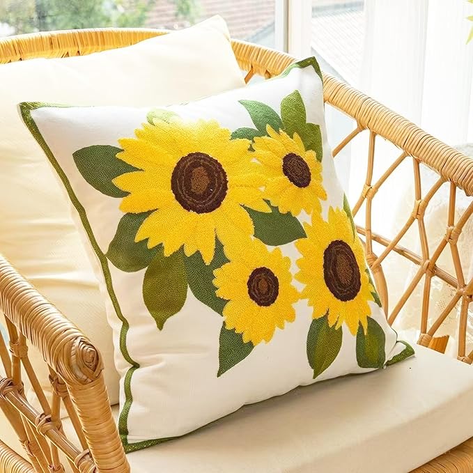 Embroidery Throw Pillow Covers 4 Sunflowers 18x18 Inch Decorative Cushion Case Floral Design 100% Cotton Home Decor Yellow Flowers 45x45cm, 1 Piece