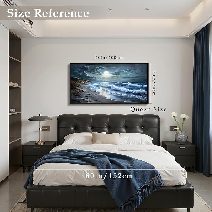 imjiayu Beach Wall Art, Large Wall Decor, Black Framed Wall Art, Coastal Wave Decoration Painting, Seaside Moon Night Canvas Prints, Modern Ocean Pictures Wall Decor Living Room Bedroom Office 20"x40"