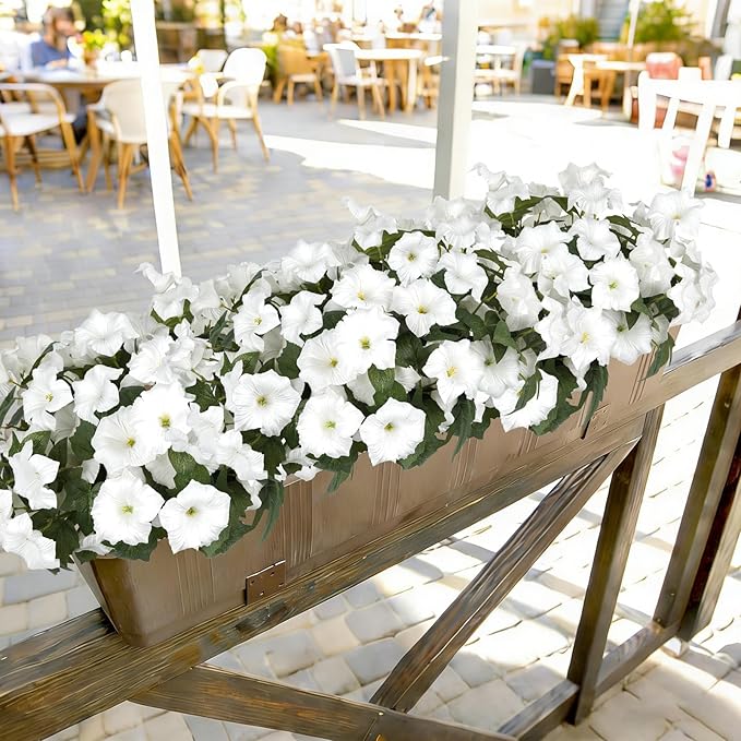 Artificial Flowers for Outdoors, Faux Petunias Spring Summer Decoration, Fake Flowers Plants UV Resistant Look Real Silk Flowers for Outside Planter Front Door Porch Patio Yard (6, White)