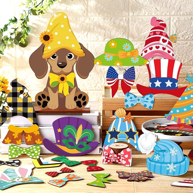 42 Pcs Small Interchangeable Dog Sign Holiday Summer Decor Seasonal Table Centerpiece Farmhouse Rustic Magnetic Desk Accessories Wooden Home Office Room Welcome Tiered Tray Decoration Gifts
