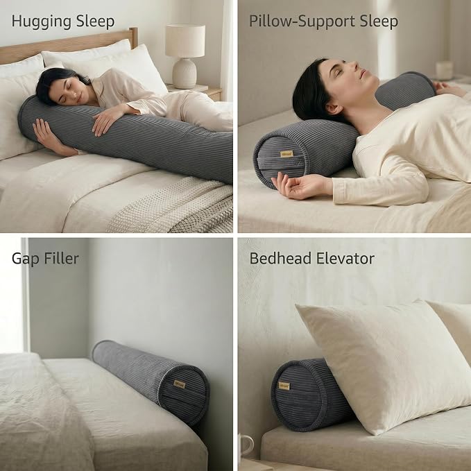 Corduroy Body Pillow for Side Sleepers, Cozy Cylinder Bolster Pillow for Sleeping, Bed & Sofa Lounging, Soft Hugging Support Pillow, 39 x 7.87 Inches, Dark Grey