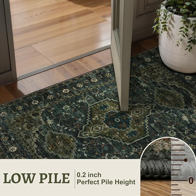 Tangsoo 3x10 Washable Hallway Runner Rug, Non Slip Vintage Runner Rug for Hallways, Soft Low Pile Long Rug Runner, Print Distressed Carpet Runners for Kitchen Bedroom Entryway Living Room Green