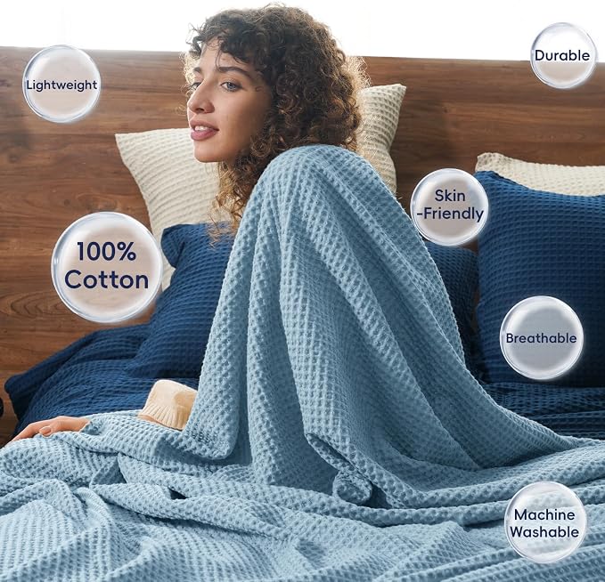 PHF Pre-Washed 100% Cotton Waffle Weave Blanket Twin Size for Bed,Snag Proof Throw Blanket for Couch Spring Summer Lightweight Breathable,Machine Washable, Home Decor Gift - Dusty Blue