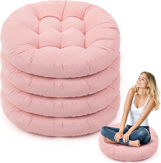 Jerify 4 Pcs Floor Pillow Cushions Large Round Square Large Meditation Floor Pillow for Classroom Adult Meditation Picnic Party Seating Learning Daycare School (Round,Pink)