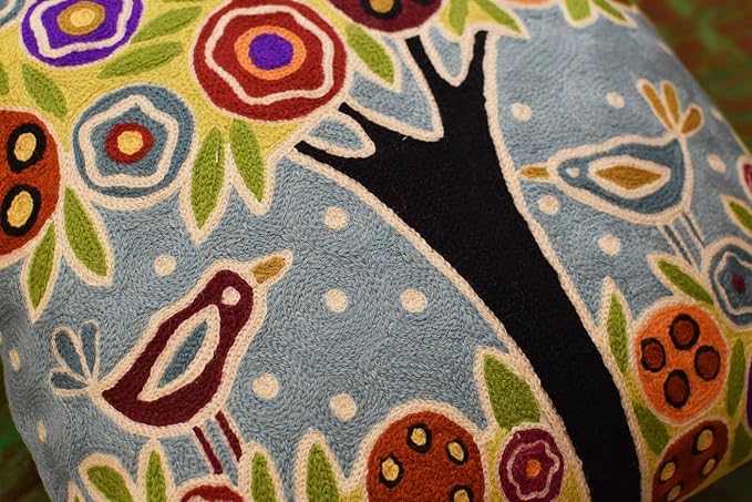 Blue Tree of Life Throw Pillow Cover Karla Gerard Floral Pillowcase Floral Chair Cushion Kids Room Blue Farmhouse Pillowsham Couch Hand Embroidered 18x18 Inch